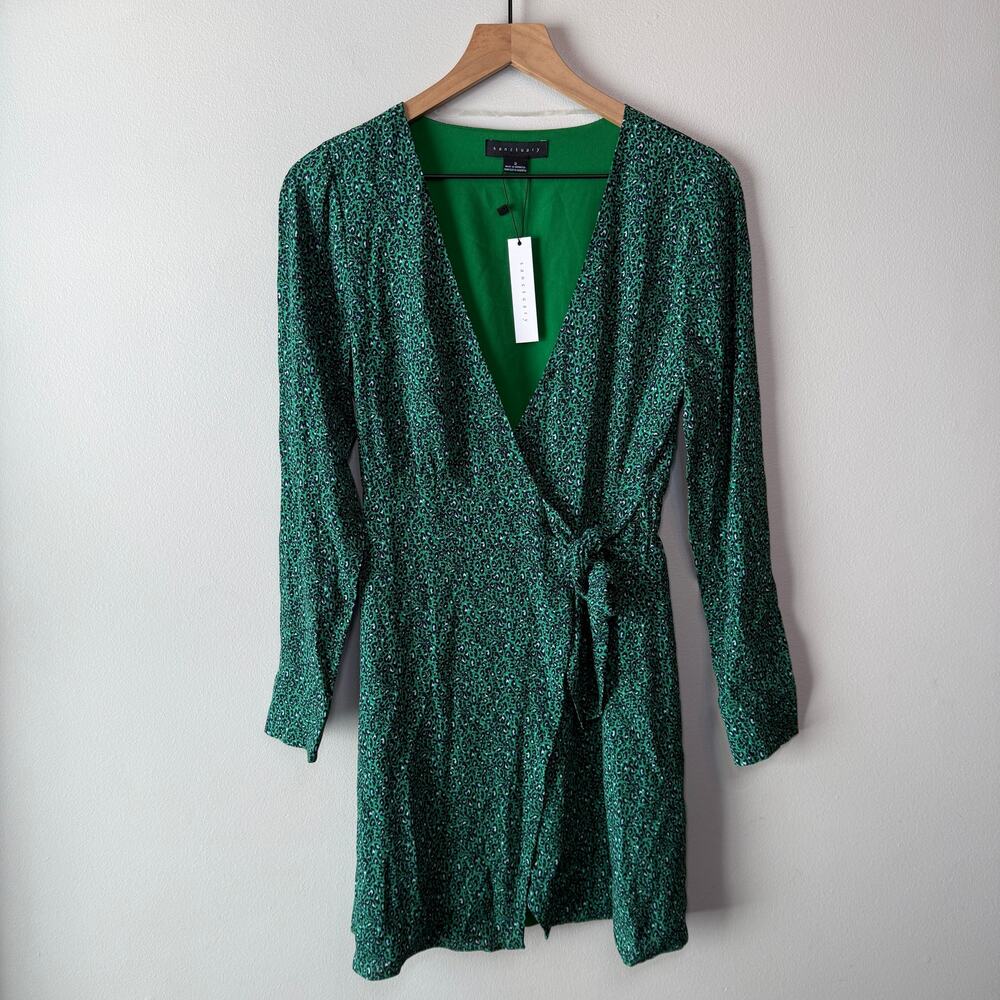 Sanctuary Women's Green Animal Print Long Sleeve V-neck Wrap Dress Size 2
